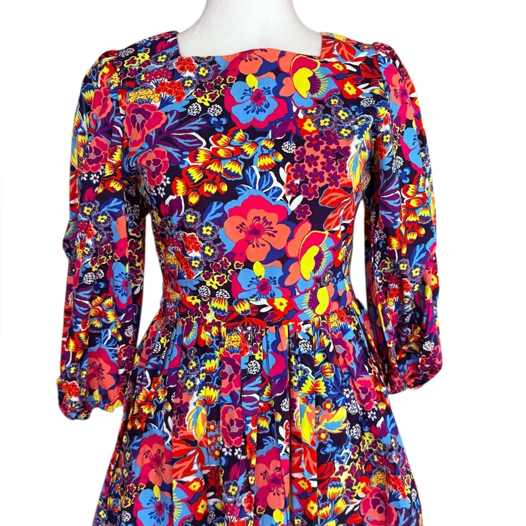 Acoola Floral Puff Sleeve Babydoll Dress Colorful Womens Size XS Cotton Pink - Image 4