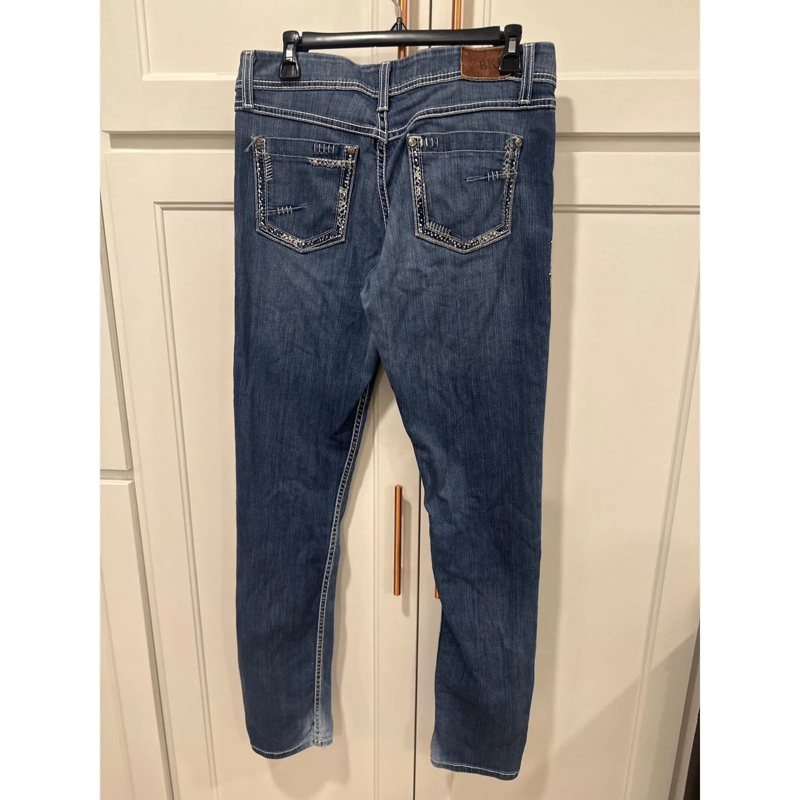 BKE Denim Harper skinnyJeans Blue Wash Embellished Pockets Straight Leg Size 29L - Image 5