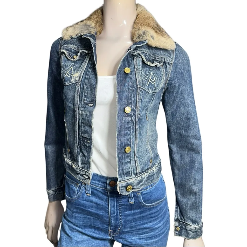 7 for all Mankind Denim Vintage Sz S Blue Dojo A Pocket Jean Fur Trimmed Jacket - Image 4