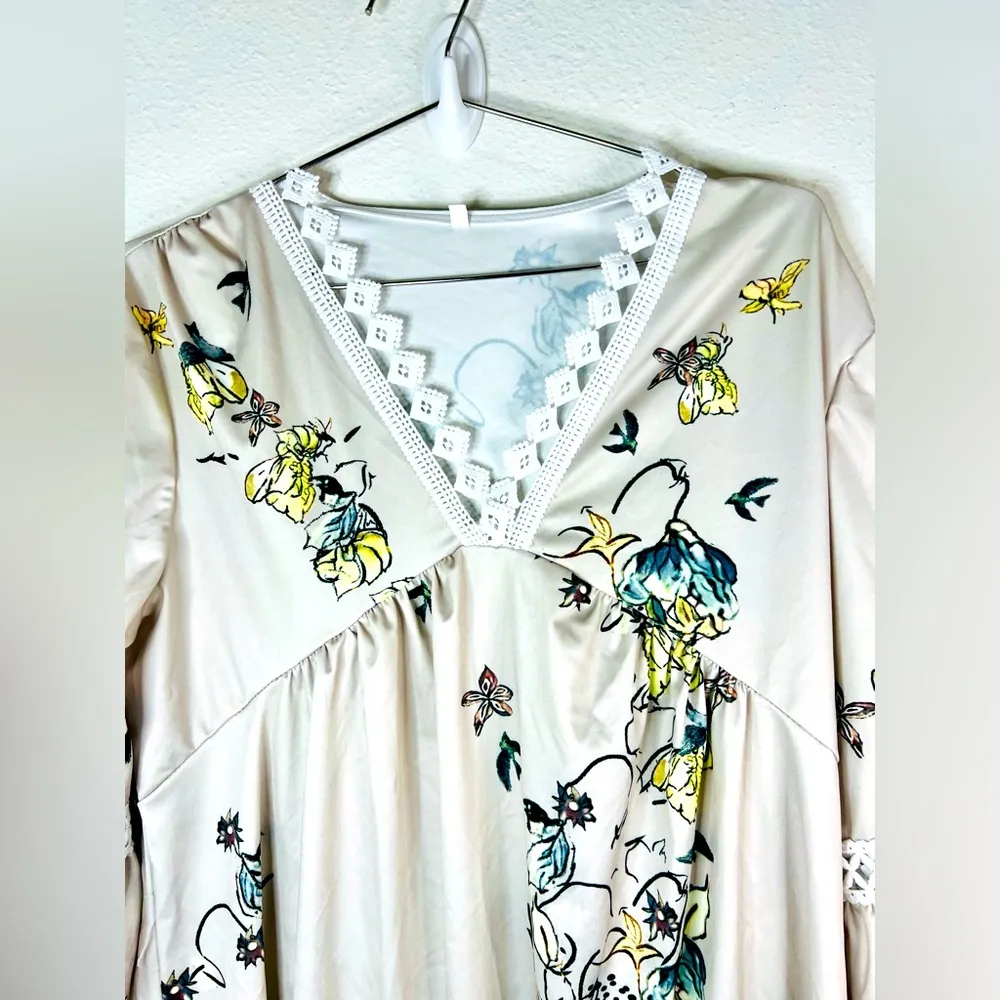 Women’s Floral Tunic Dress Size Large Lace Trim Bell Sleeve Boho Style 35.5” - Image 5