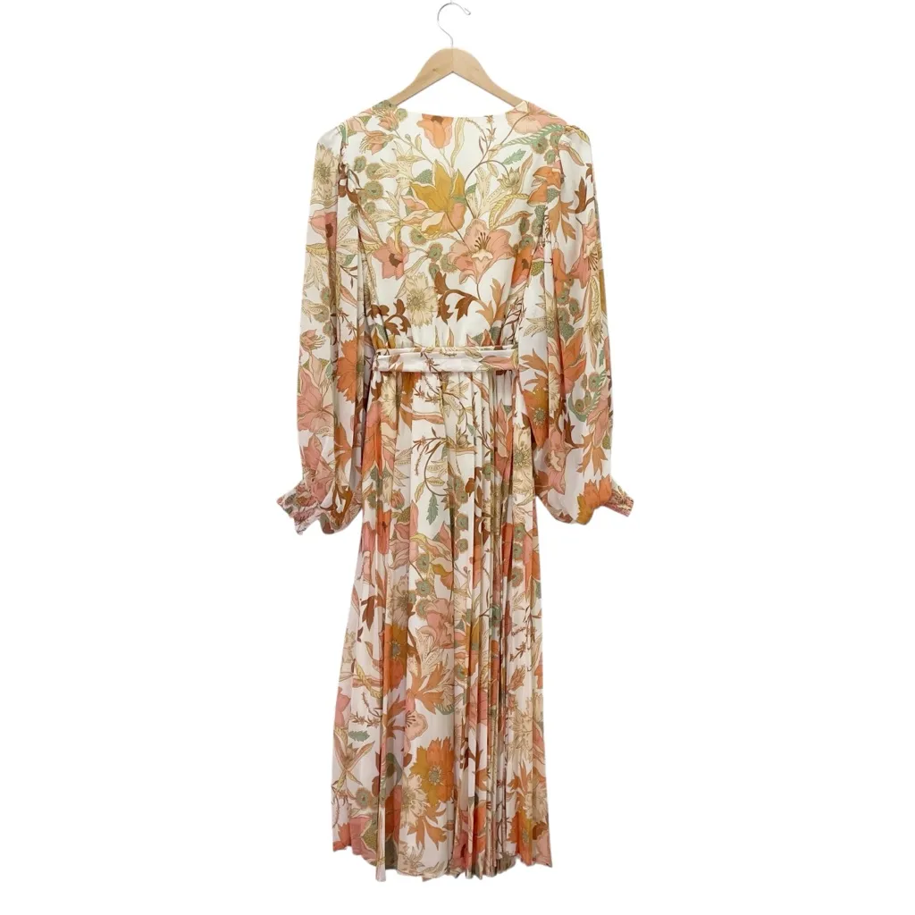 Böhme Floral Midi Dress Size Medium Long Sleeve Belted Pleated Boho Peach Sage - Image 4