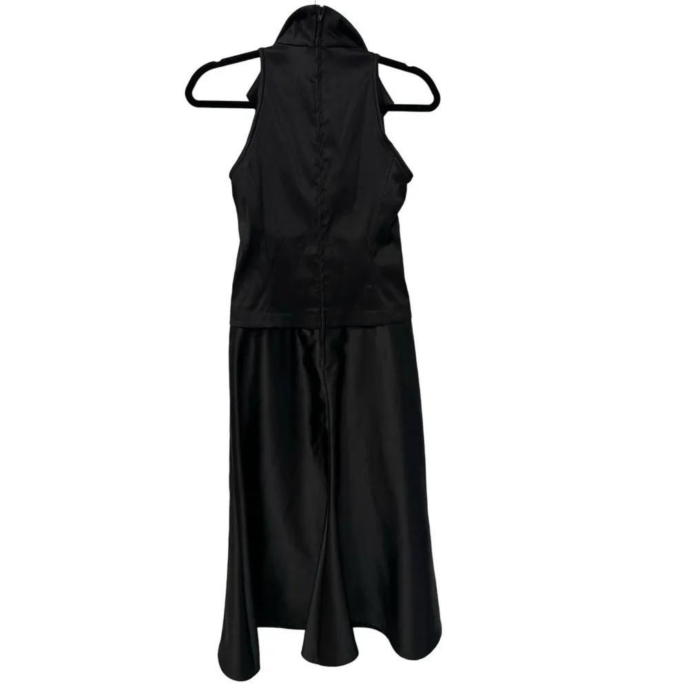 Vintage Tadashi 1990s Black Satin Ruched Tuxedo Collared Style Midi Dress Size 4 - Image 2