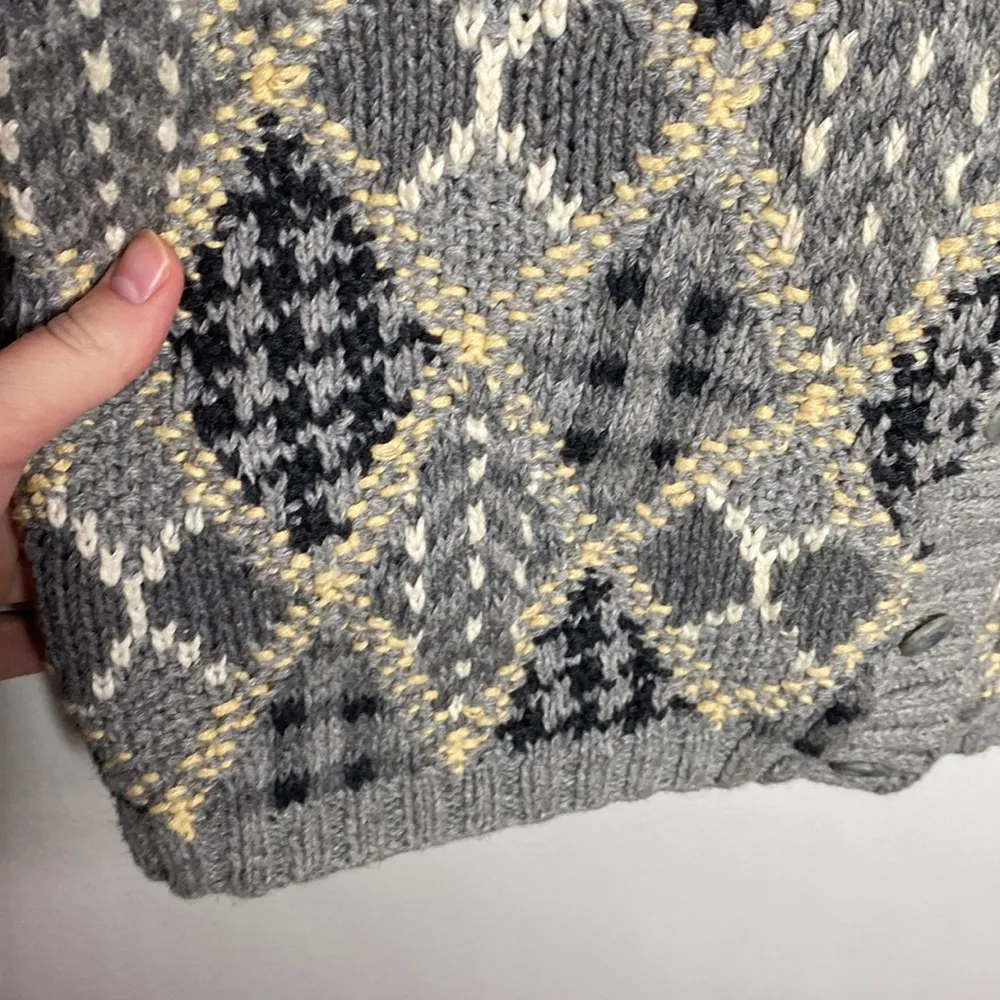 Vintage grey hand knit cotton ramie argyle patchwork grandpa sweater cardigan S - Image 8