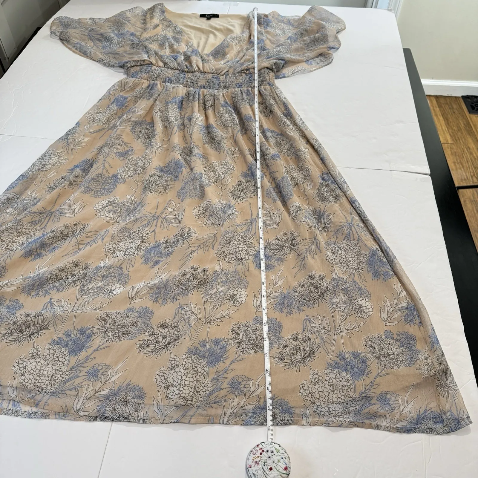 Lulus Subtle Romance Beige Blue Floral Ruffle Flutter Sleeve Midi Dress Size XL - Image 11