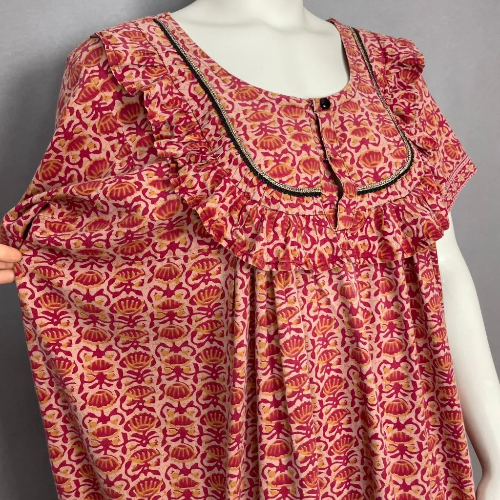 Handmade Muumuu Dress Batik‎ Ruffle Neckline Short Sleeve Red Yellow Women Mumu - Image 8