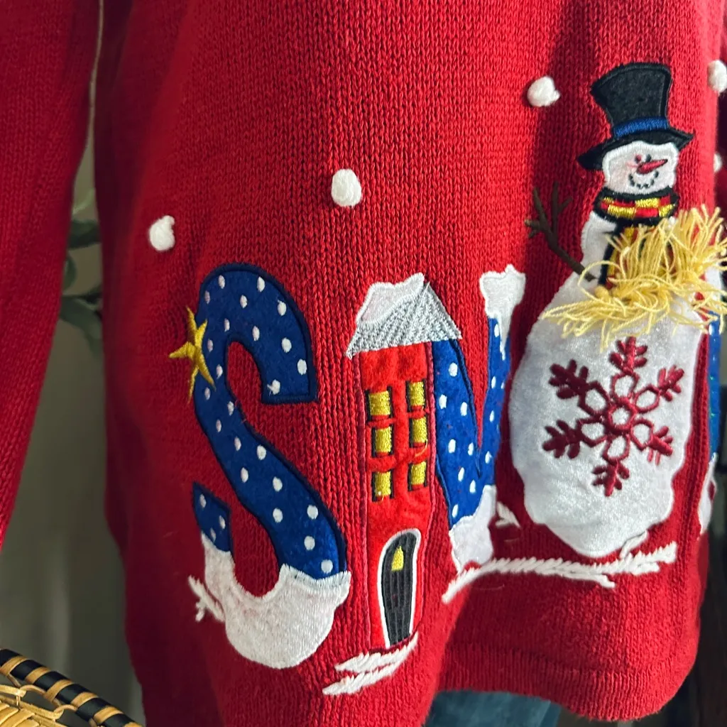 Vintage 90s Holiday Editions Christmas Whimsical Snowman Ugly Sweater Red Size L - Image 3