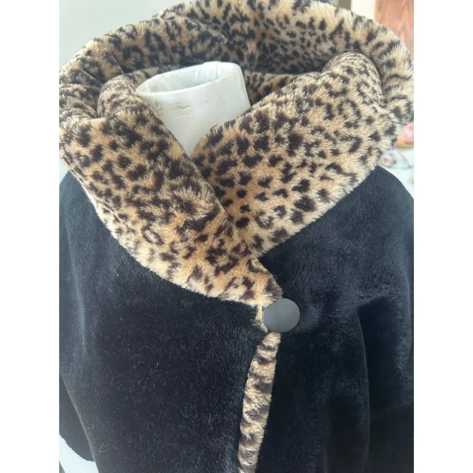 Vintage Monterey Fashions Faux Fur Coat Leopard Print Black Belted Women’s Large - Image 14