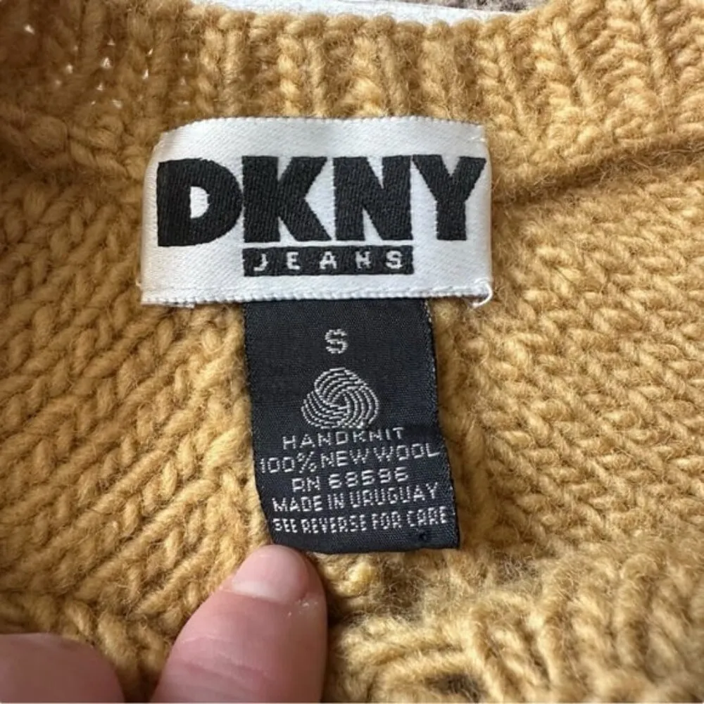DKNY Mustard Yellow Floral Plant Knit Sweater Hand Knit Size Small - Image 5