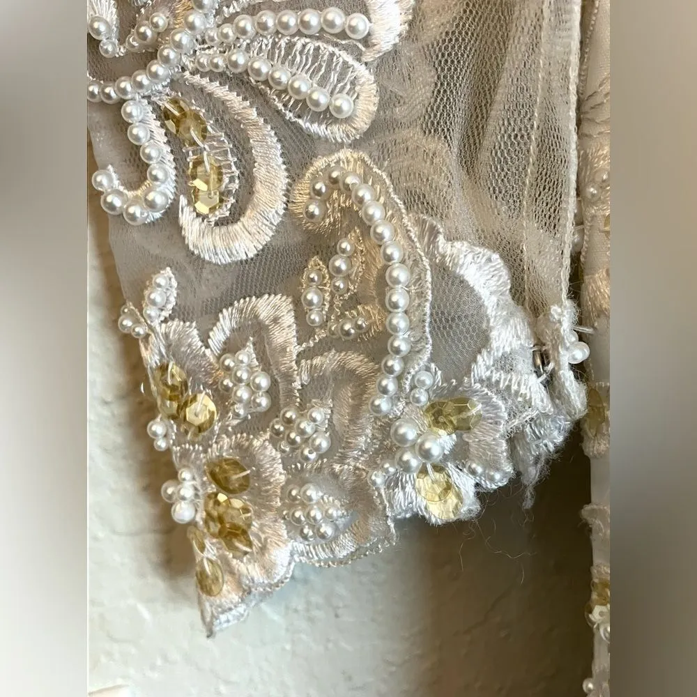 Vintage Mermaid Beaded Ling Sleeve Sheer Wedding Dress Size 10 Fringe White - Image 8