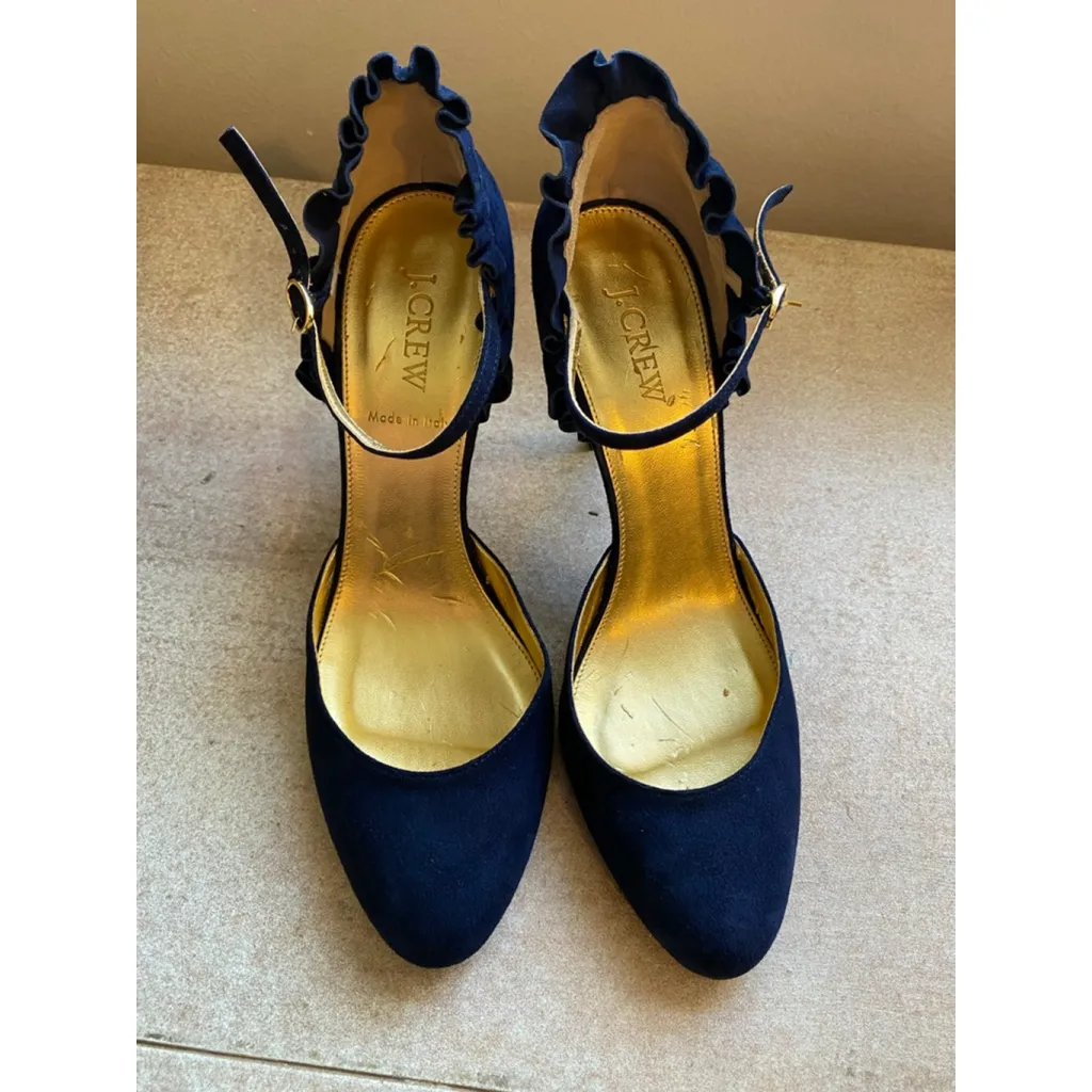 J Crew Navy Suede Ruffle Heels Made In Italy 8 Preppy Classy Bougie Event Date - Image 8