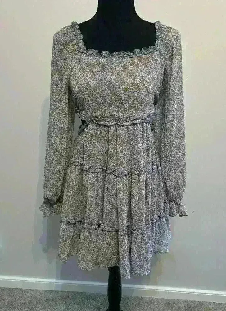 Ditsy Floral Long Sleeve Cut Outs Blue Orange Dress Ruffles Size Small - Image 2