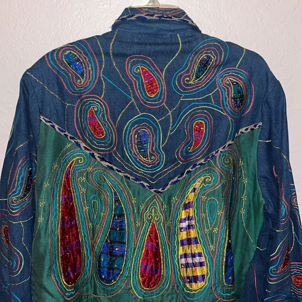Vintage Jean Jacket Wearable Art Embroidered Denim & Silk Jacket Abstract Art Size XL - Image 8
