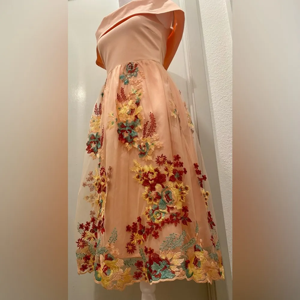 Laura Peach Pink Floral Off the Shoulder Fit & Flare Midi Dress - S - Image 11