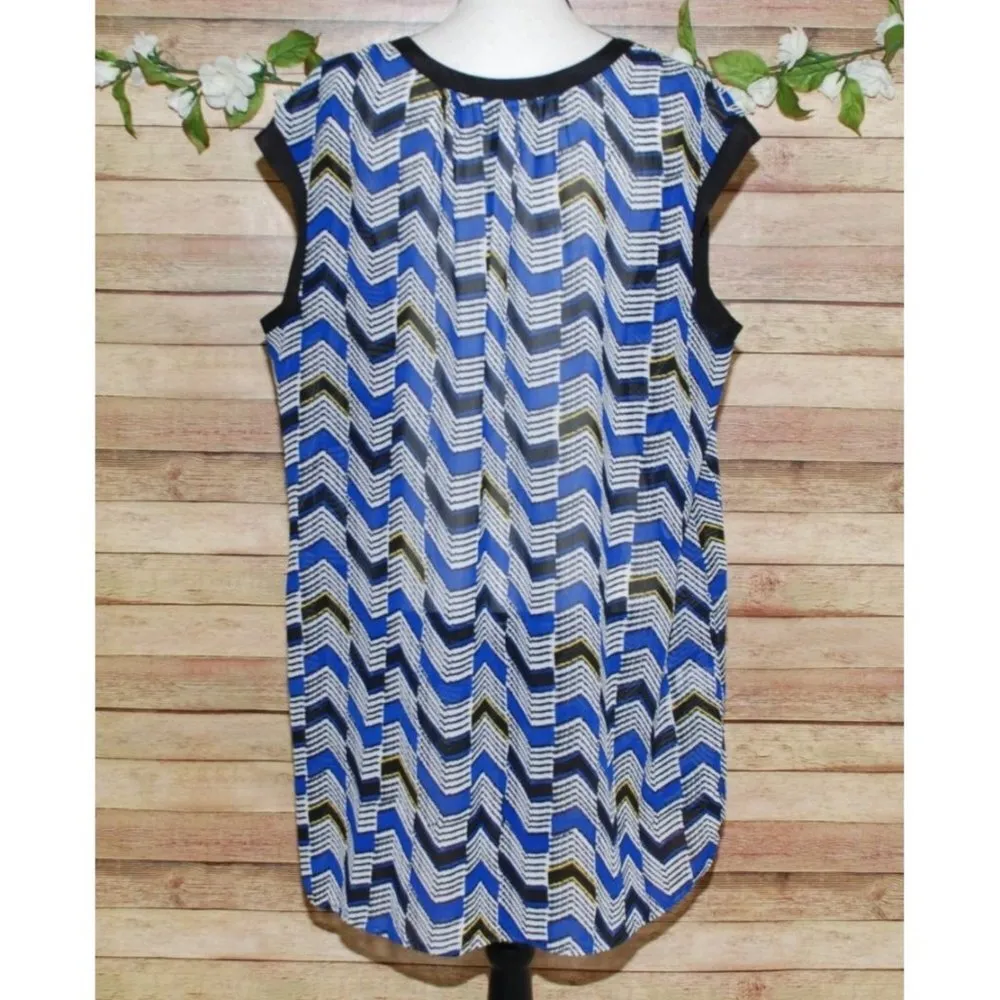 Daniel Rainn Blue Chevron Sleeveless Sheer Blouse Size 2X V-Neck Half Button Up - Image 7