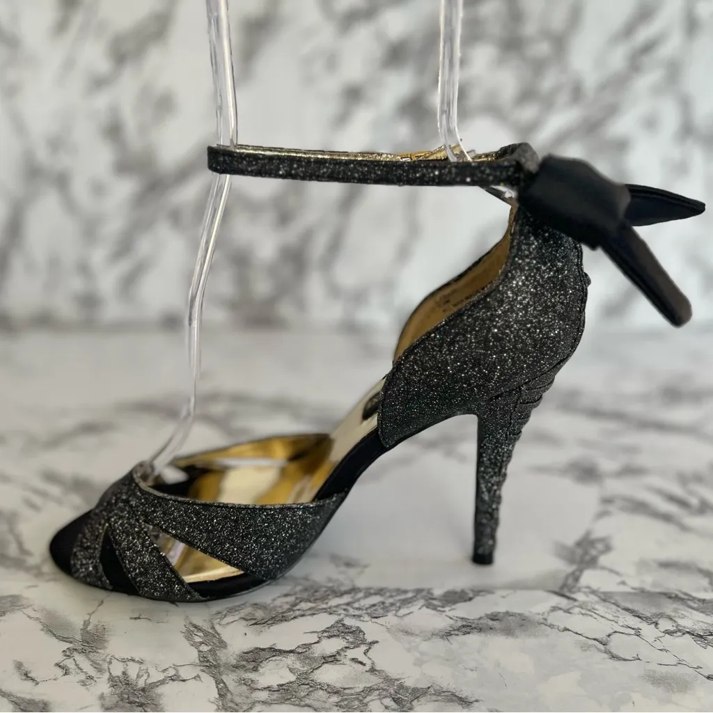 Steve Madden Luxe Craze Sandals Black Bow Ankle Strap Glitter 7.5 Cocktail - Image 7