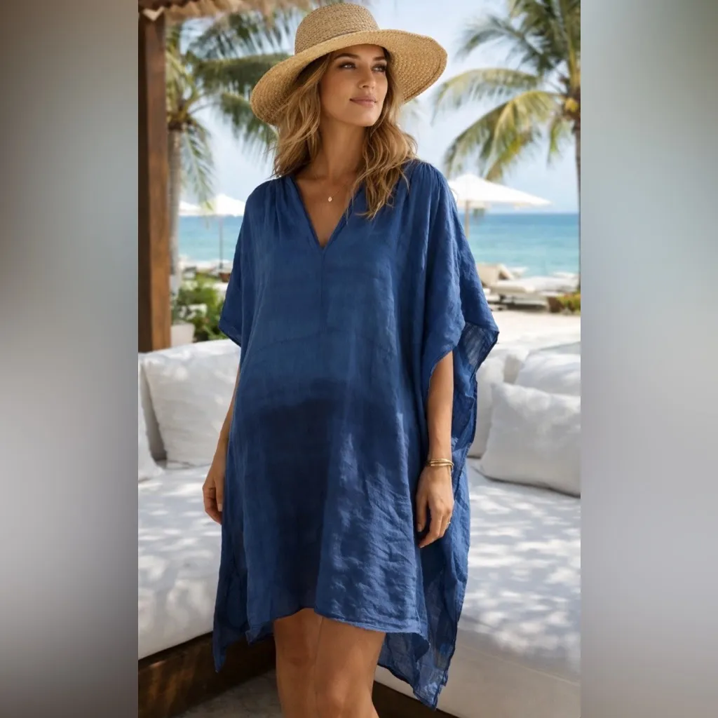 Amanda Bond Hand-Dyed Blue Ramie Caftan Dress XS/S Resort Hand Dyed Rare NWT - Image 2
