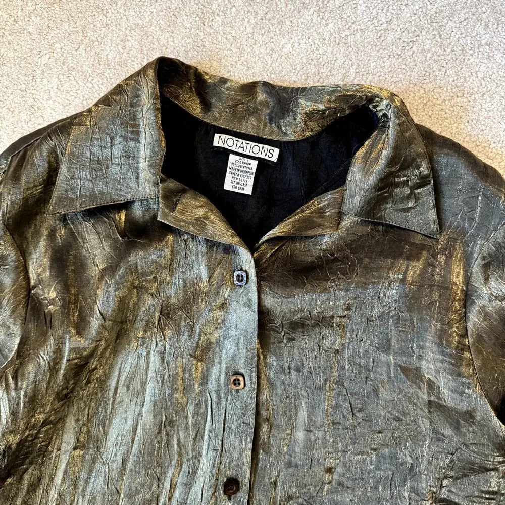 Vintage Notations Gold/Olive button-up blouse women's size large - Image 3