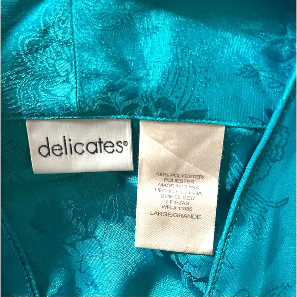 Delicates Shimmering Teal Button Down Shirt no bottoms embroidered Satin Size L - Image 7