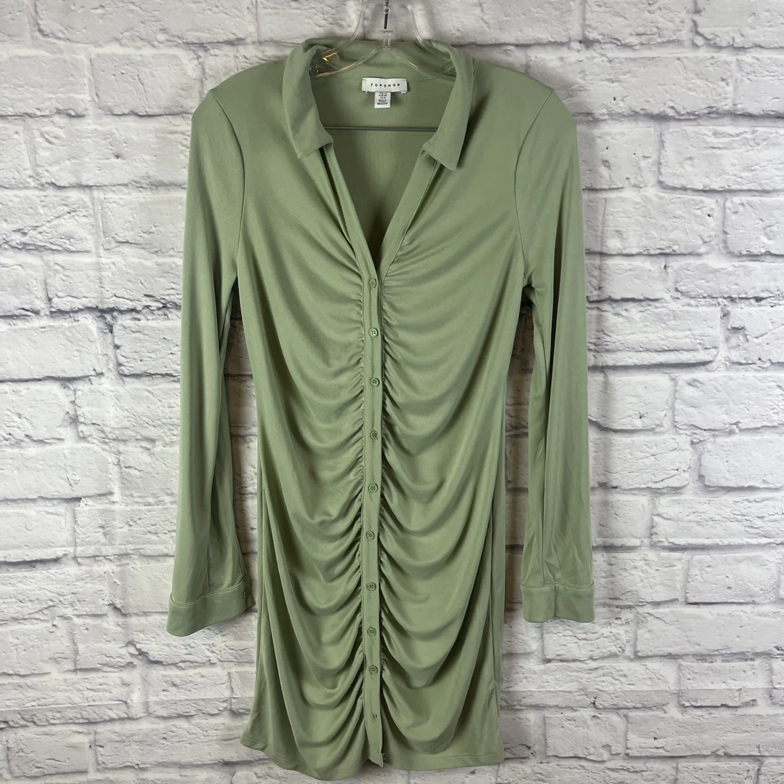 Topshop Bodycon Ruched Modal Green Baddie Coquette Long SleeveShirt Dress Size 8 - Image 3