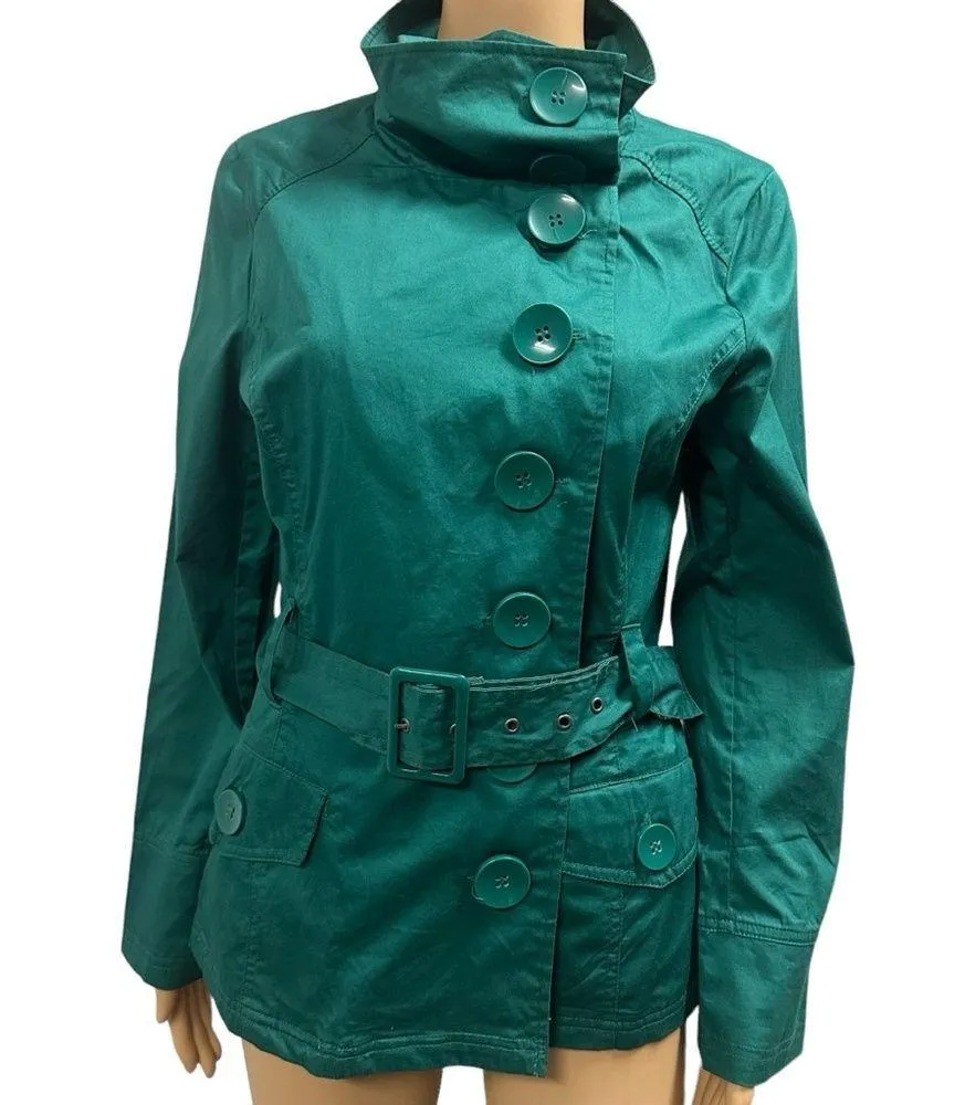 Last Kiss Green Cotton Button Up Double Breasted Belted Lightweight Jacket Large - Image 1