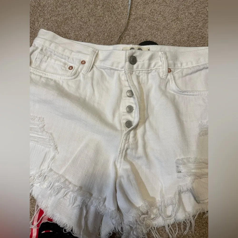 Free People We The Free Loving Good Vibrations Distressed Denim Shorts White - Image 10