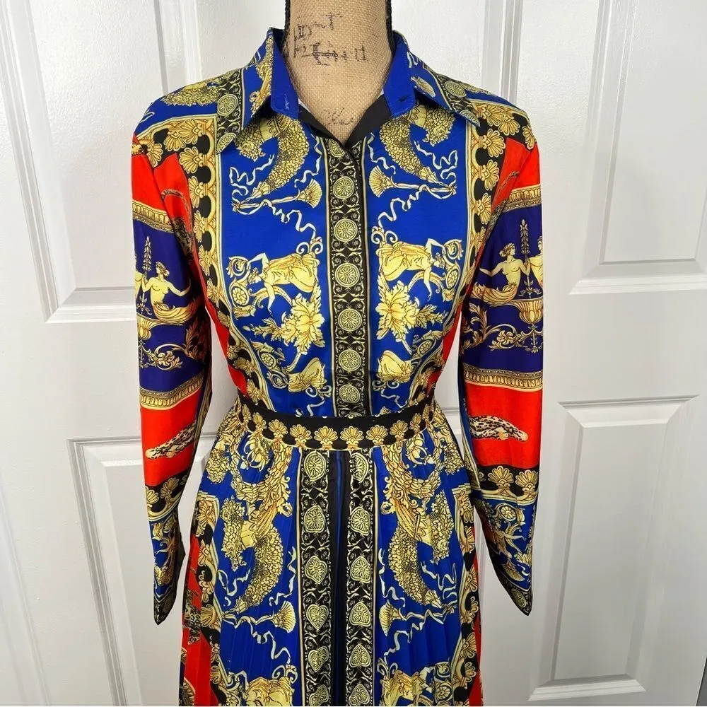 Sz M Ferrara Jaguar and Italian Printed Blouse & Pleated Skirt SET NWT $135 MSRP Blue Size M - Image 4