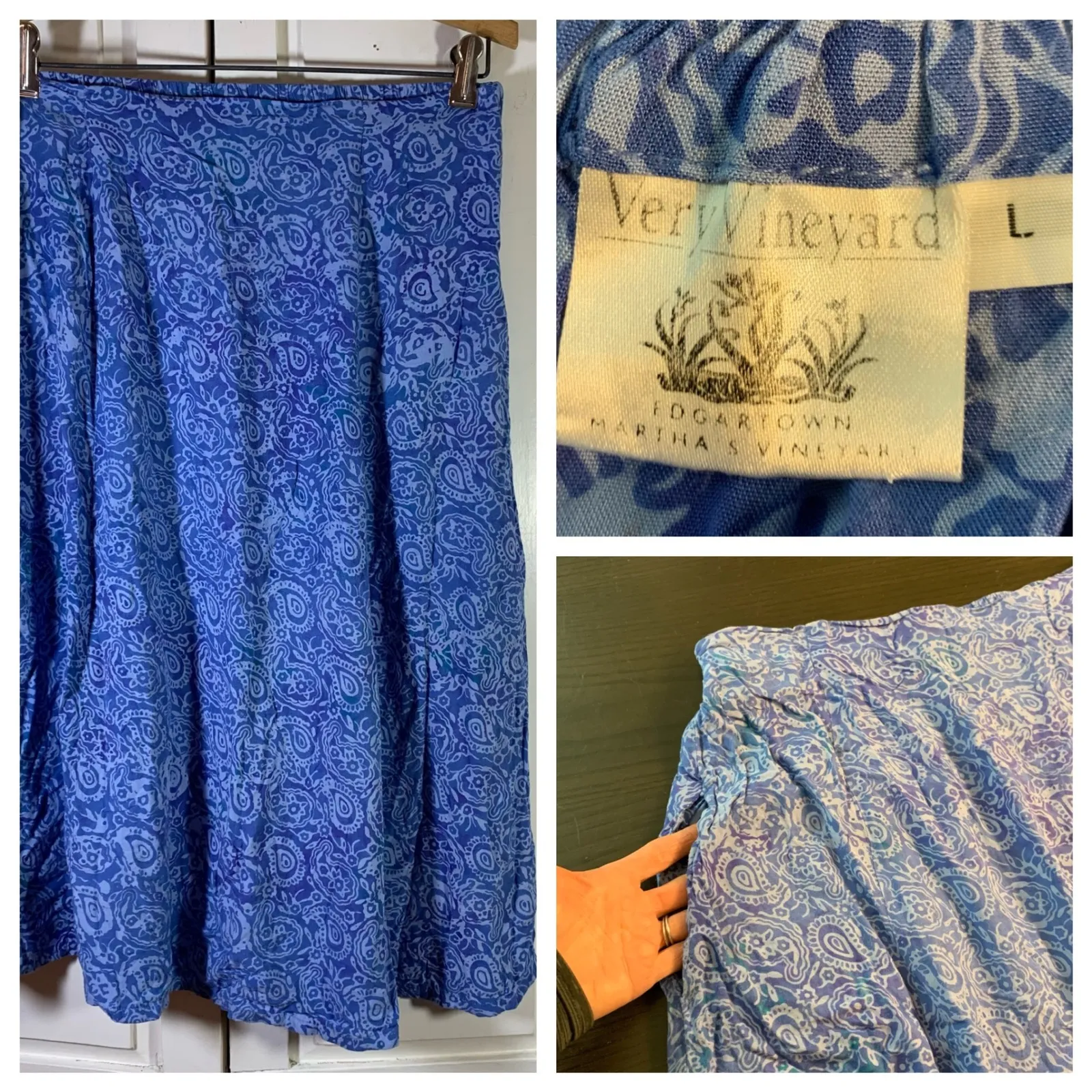 Very Vineyard Skirt Blue Paisley Print Midi Elastic Waist Rayon Size L Martha's Size L - Image 11