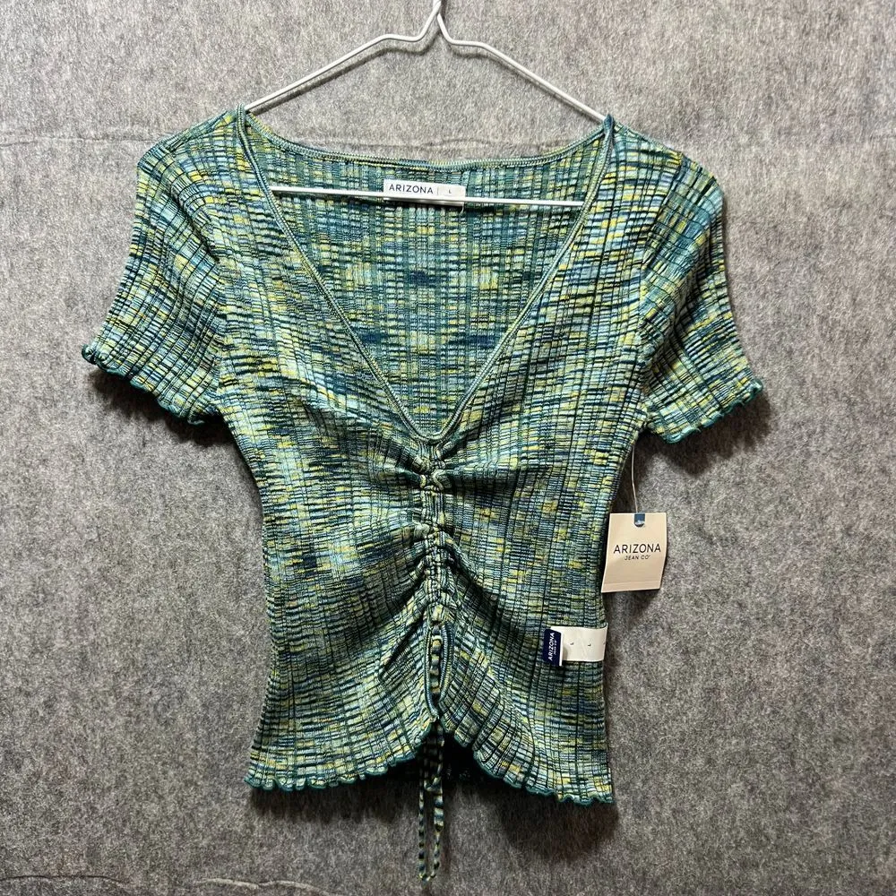 Arizona Jean Co Ruched Front V-Neck Ribbed Top Juniors Large‎ Crop Fitted Blue - Image 8