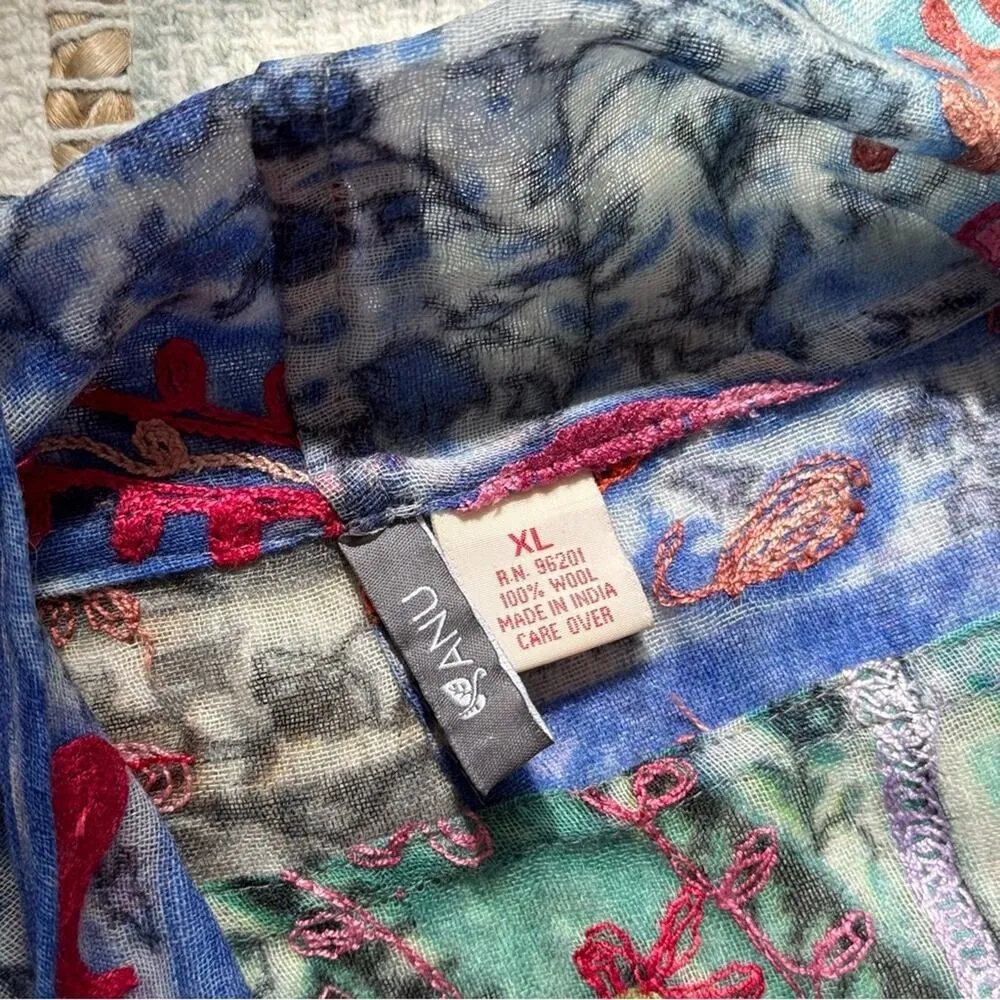 ANU Floral Embroidered 100% Wool Lightweight Boho Vest Cardigan Women’s Large Blue - Image 7