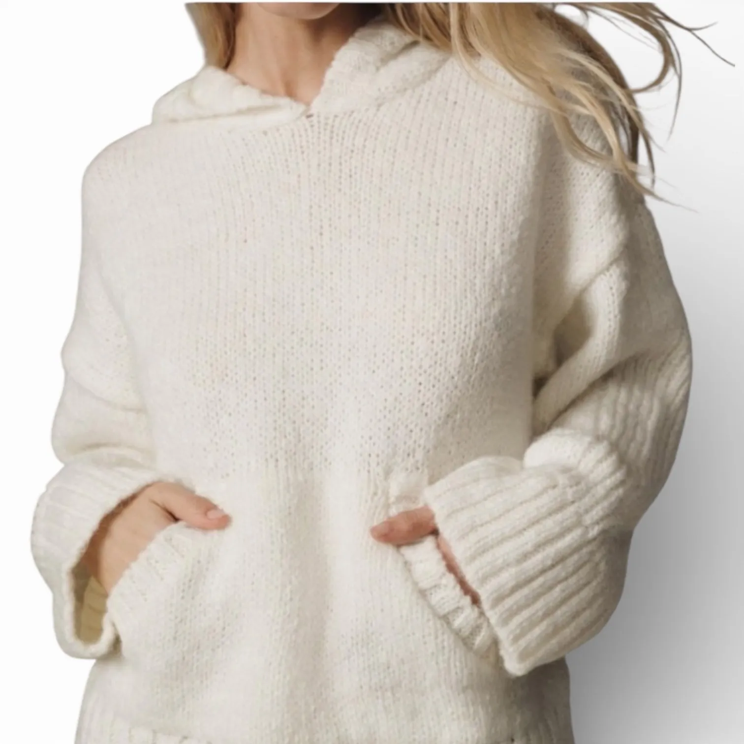 PILCRO Anthropologie Cream Chunky Knit Oversized Hoodie Sweater Women Large - Image 2