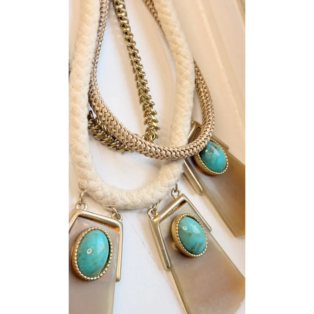 Chicos Statement Necklace With Braided Rope Gold Chains & Faux Turquoise Accents - Image 5
