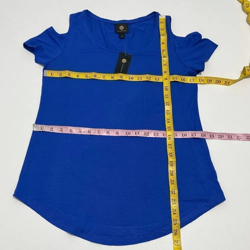 JM Collection Cold Shoulder Top Short Sleeves Blue Dragon Stretchy Scoop Neck XS - Image 4