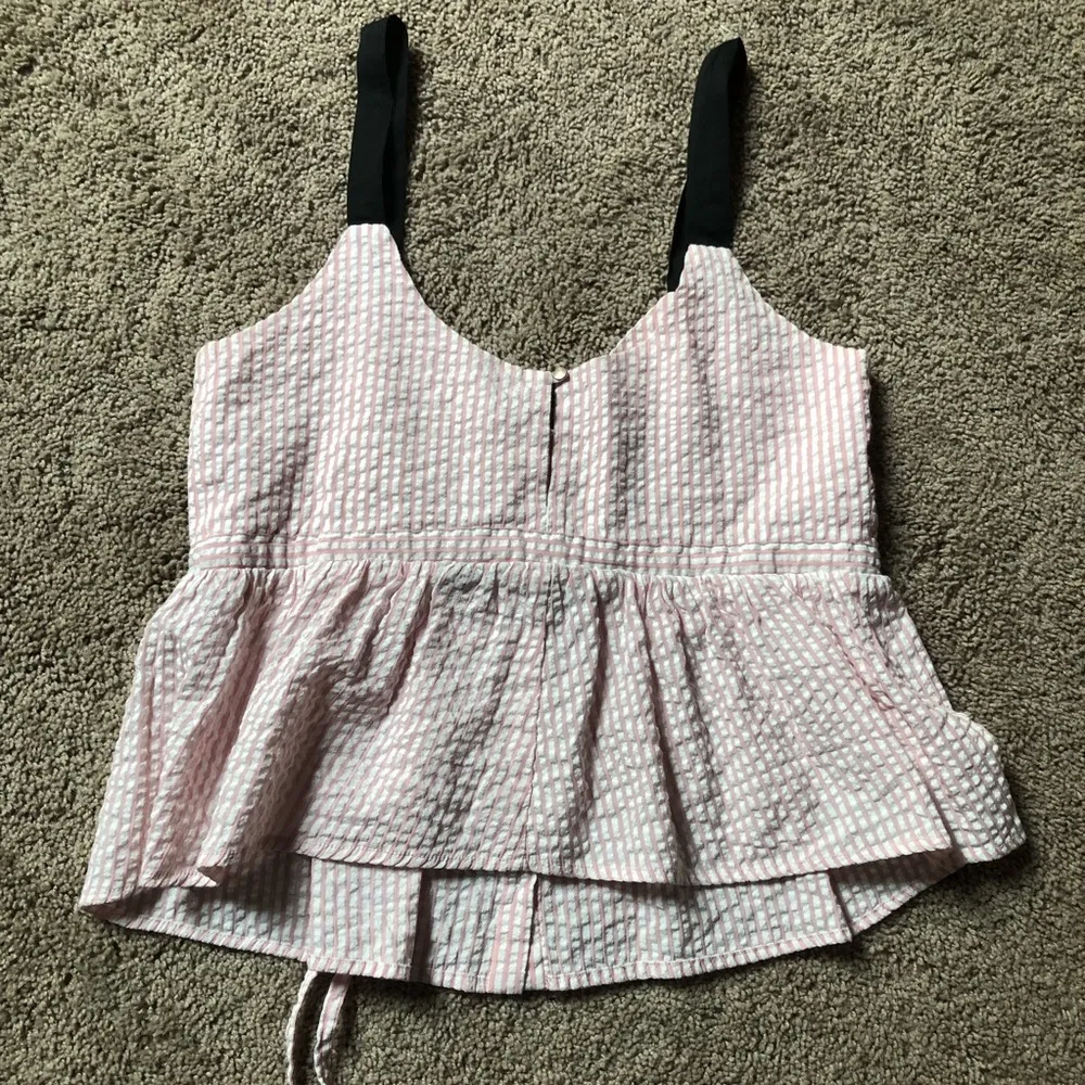 Jess Tank Top Seersucker Gingham Pink White Stripe Thick Straps M - Image 7