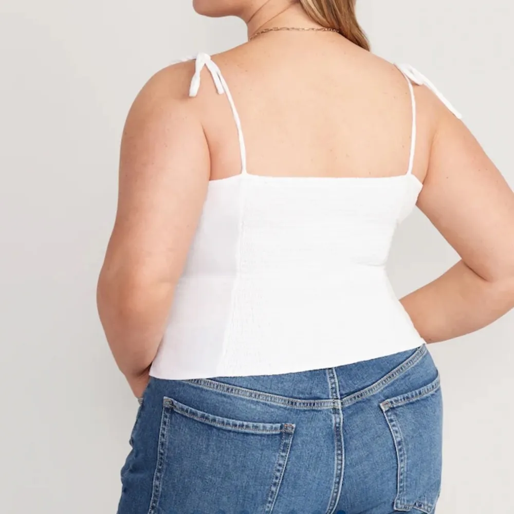 Women’s Linen Fitted Tie Shoulder Cropped Cami Plus Size XXL White - Image 2