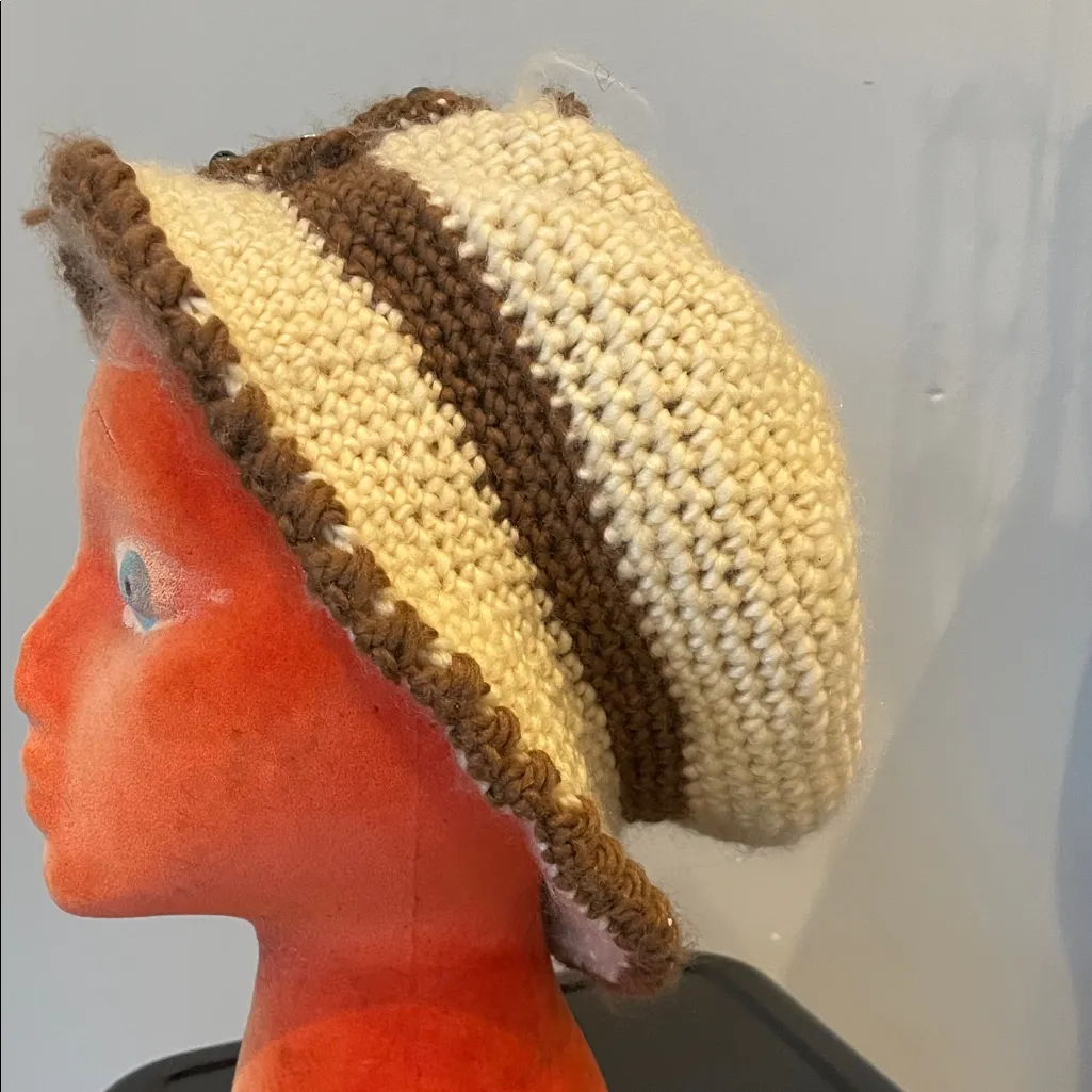 Crocheted Cream and Brown Knit Hat - Image 3