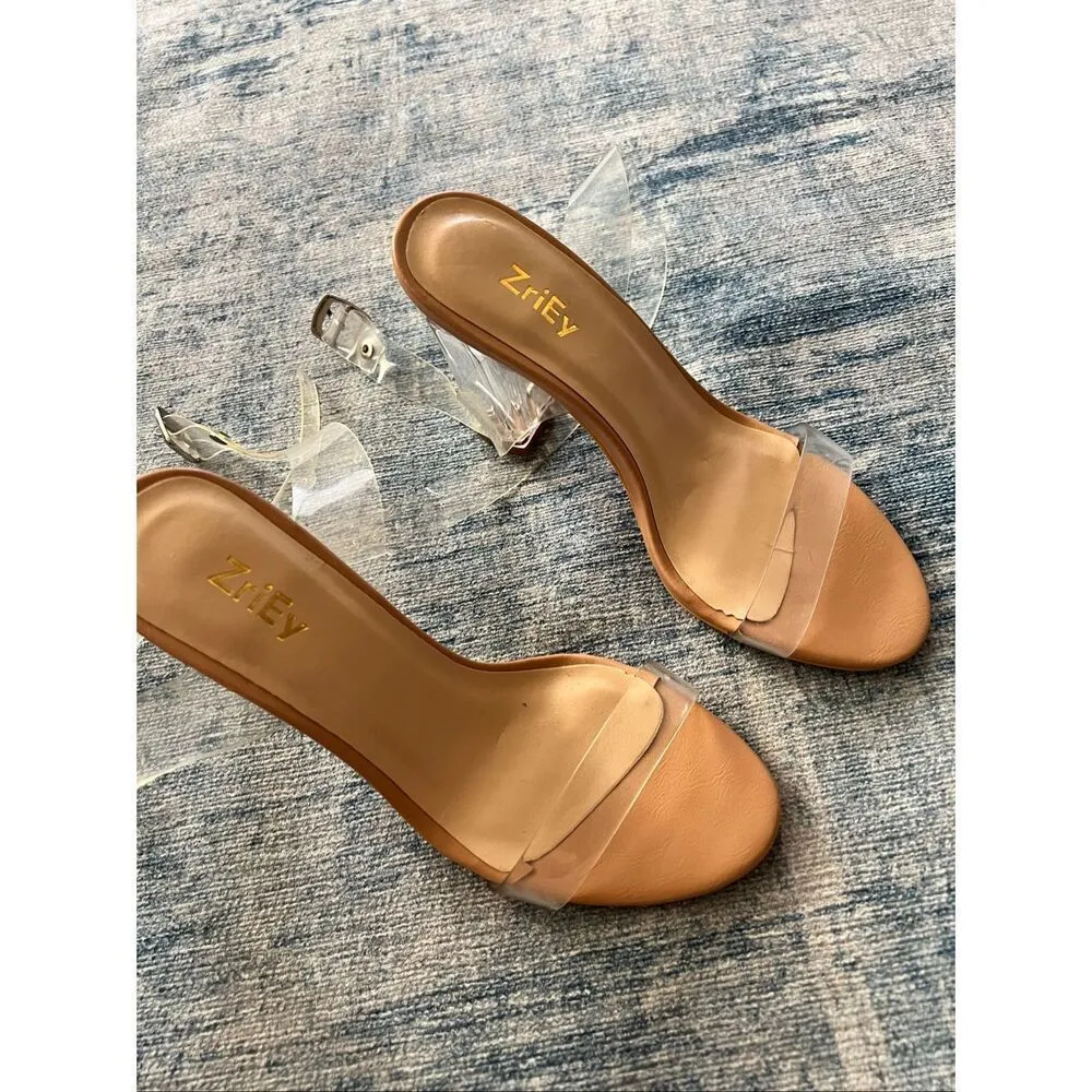 ZriEy Beige Clear Strappy Block Heel Sandal Size 6 Tan - Image 2