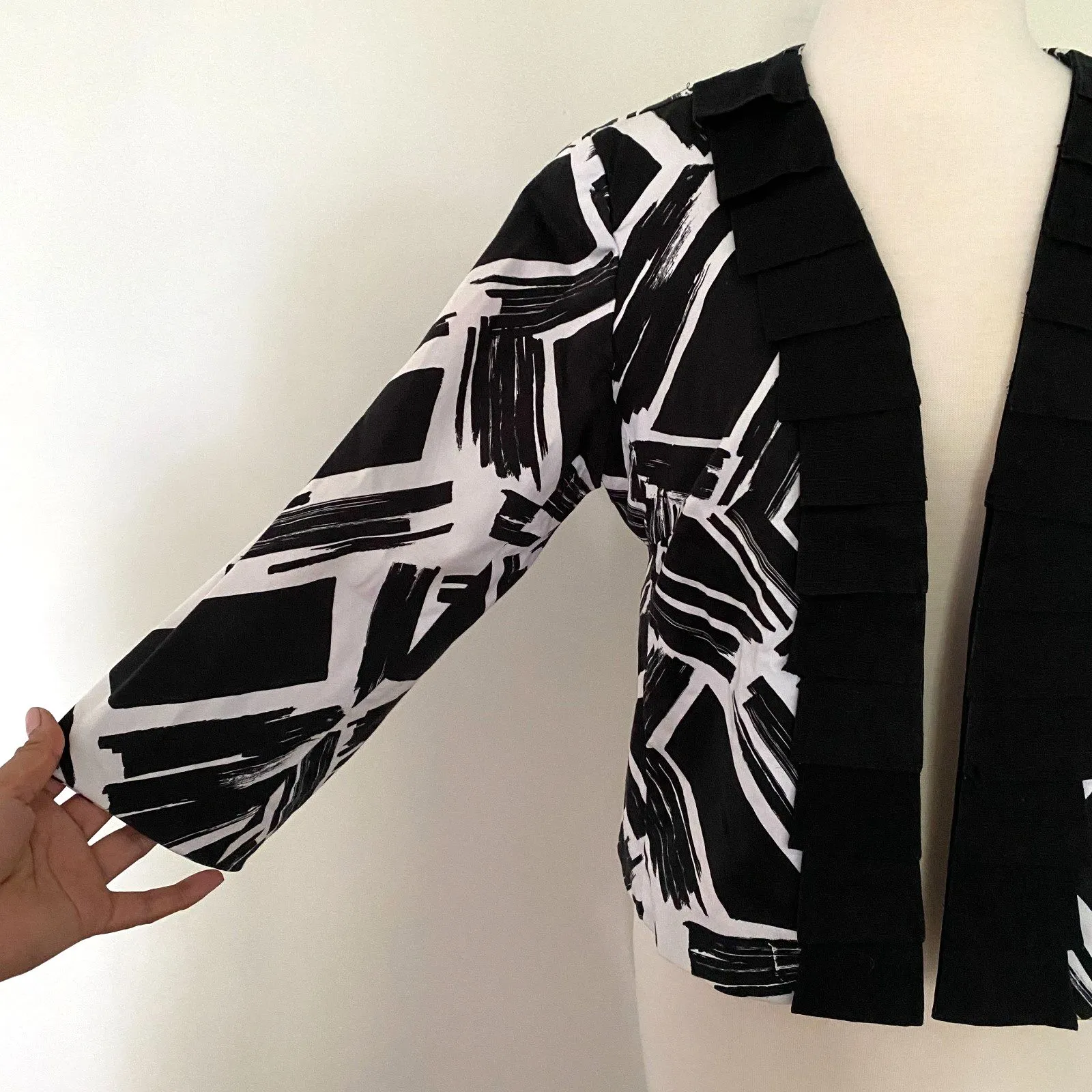 Ivy Chic Black White Cotton 3/4 Sleeve Lined Office Siren Blazer Jacket Sz L Size L - Image 9