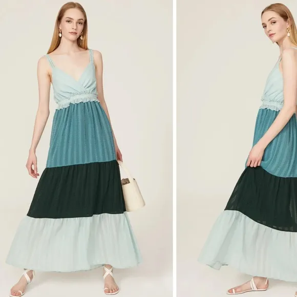 Slate & Willow Blue Tiered Swiss Dot Braided Tank V Neck Maxi Dress Size Medium - Image 2