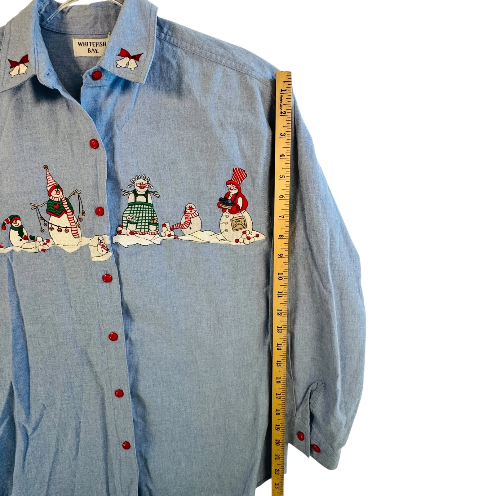 Vtg Christmas Snowman Shirt Chambray Denim Holiday Button Down Top S Festive Blue - Image 6