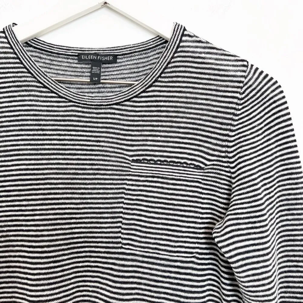 Eileen Fisher Organic Linen Striped Shirt Black White Classic Coastal Size Small - Image 2