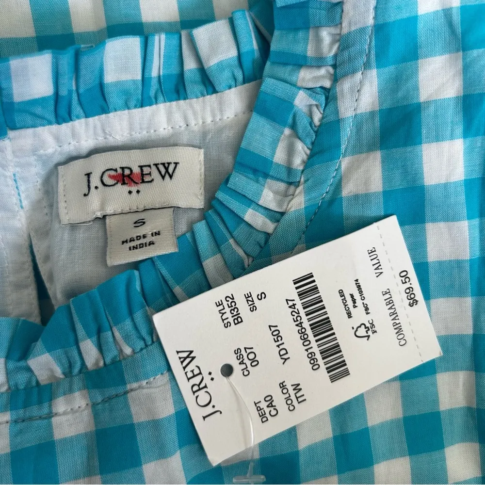 NWT J.Crew Factory 100% Cotton Blue & White Gingham Checkered Short Sleeve Top - Image 3