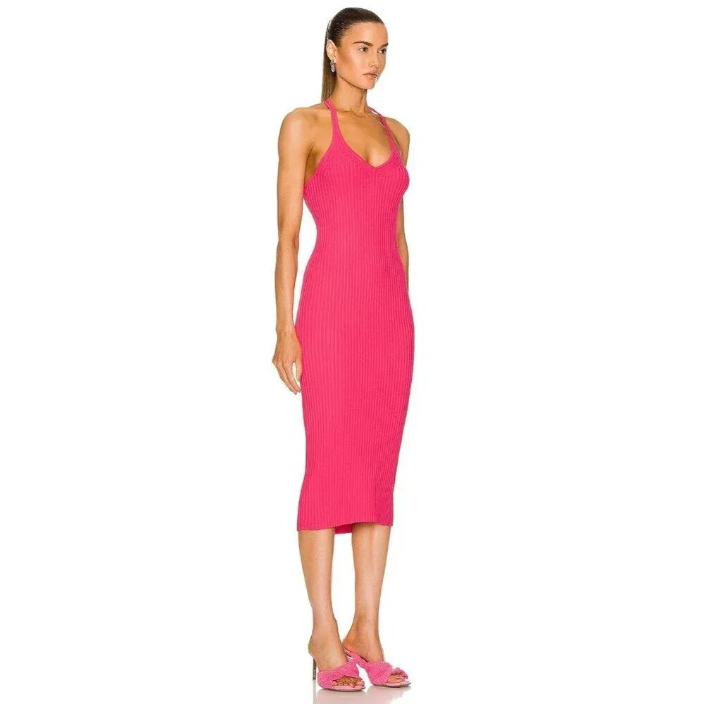 HELMUT LANG Rib Midi knit Dress in Rose Large New Womens Bodycon - Image 3