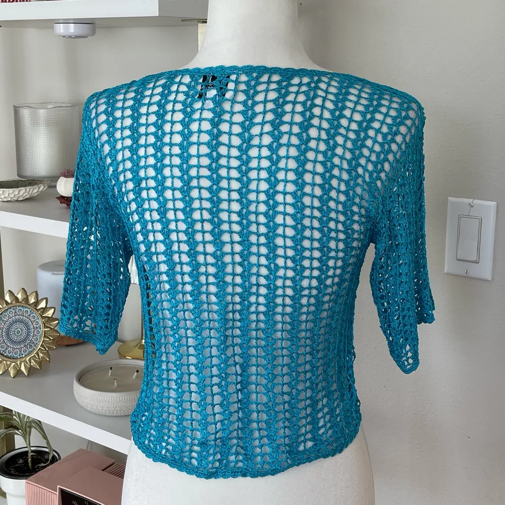 Teal Crochet Open Cardigan Size 6 Blue - Image 4