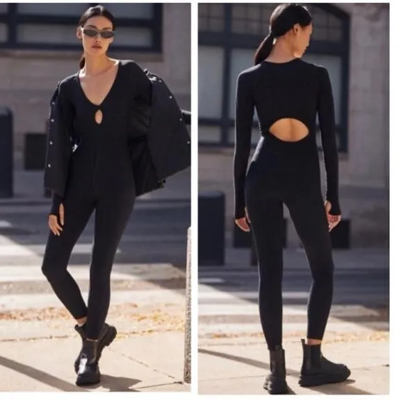 NEW Free People Movement Flash Forward Glitter Cut Out Back Jumpsuit  M/L Black - Image 2