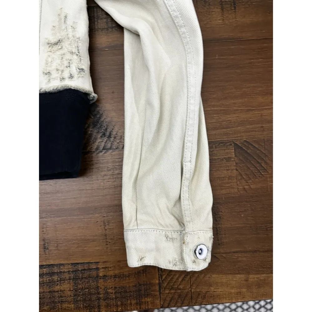 Free People Hoodie Jacket Women XS White Distressed Double Weave Denim - Image 11