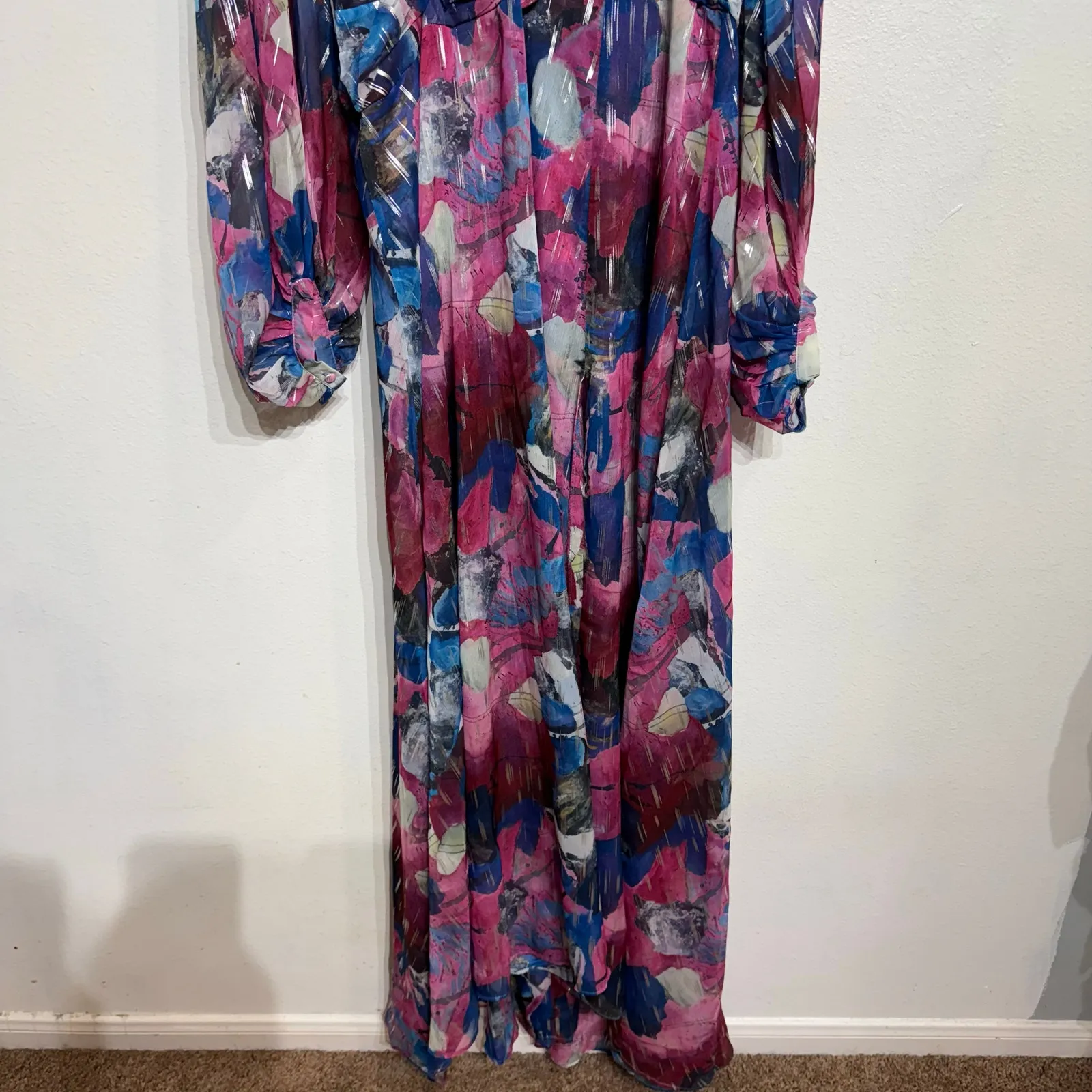Adrienne Landau Floral Watercolor Draped High Slit Deep V Maxi Gown Sz 12 NWT - Image 5
