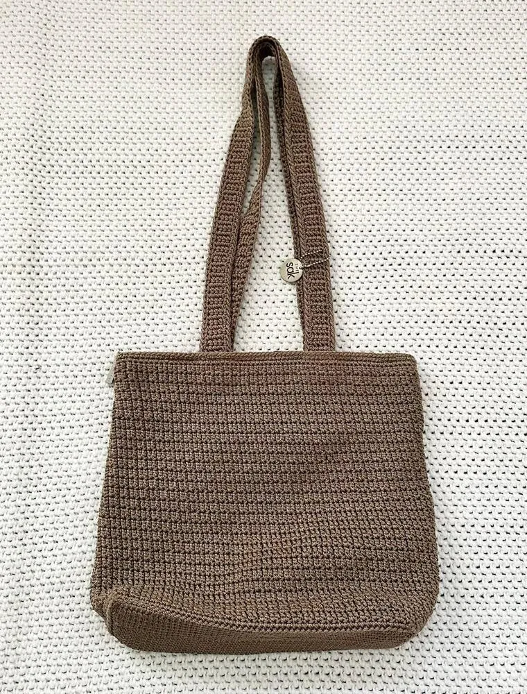The SAK Classic Crochet Beige Khaki Tan Long Handle Medium Shoulder Bag Zip - Image 7