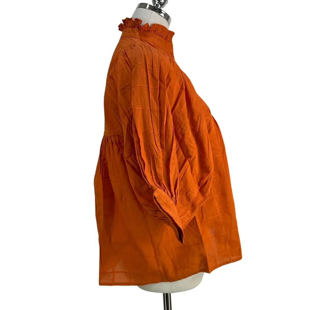 Never A Wallflower High Neck Top Purple Windowpane Cotton Orange Size XS - Image 6