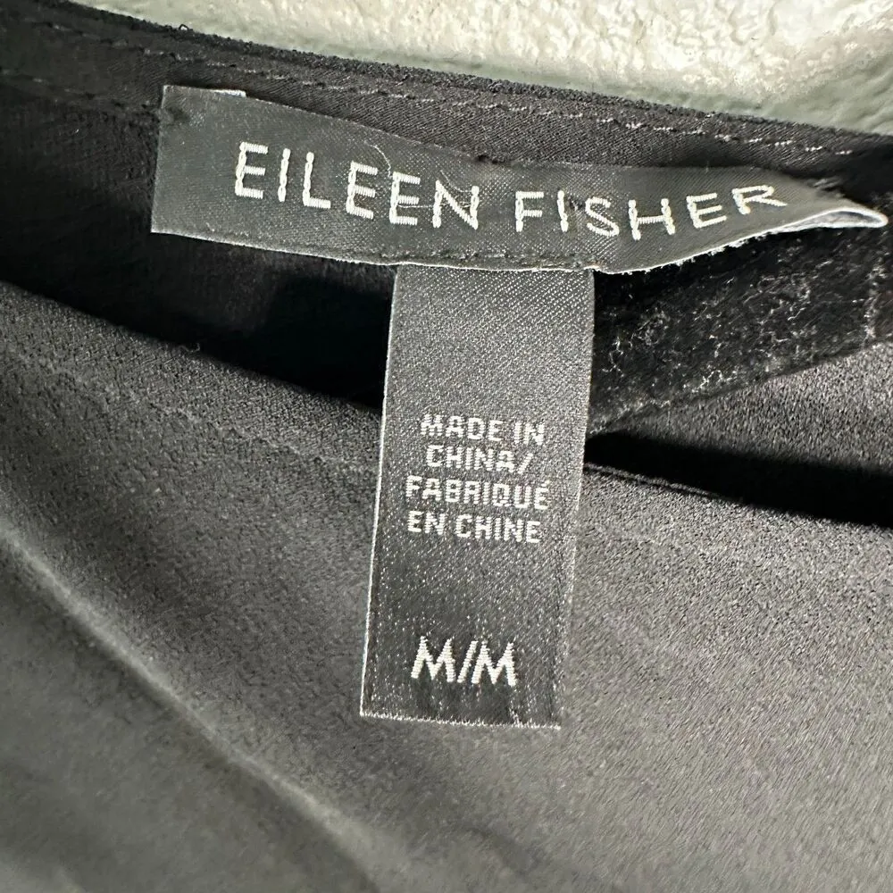 Eileen Fisher 100% Silk Short Sleeve Black Shift Dress Midi Size Medium - Image 5