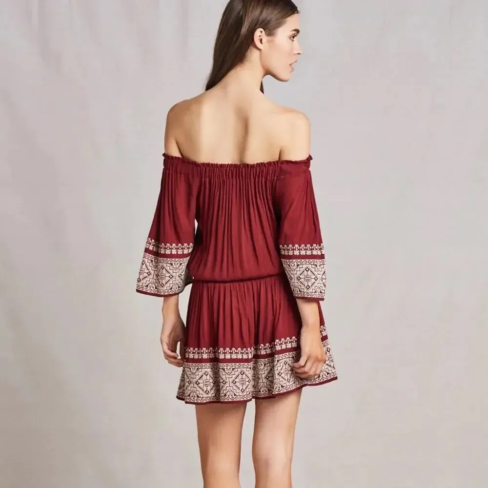 Tularosa Fiona Burgundy Off The Shoulder Embroidered Smocked Boho Dress Medium - Image 15